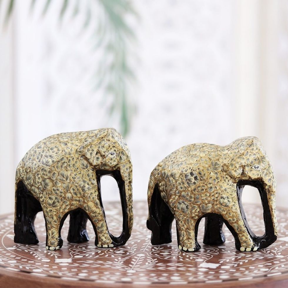 Papier Mache and Wood Elephant Statuettes Pair 'Bond of Friendship in Grey'