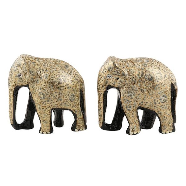 Alternate image for Papier Mache and Wood Elephant Statuettes Pair Bond of Friendship in Grey