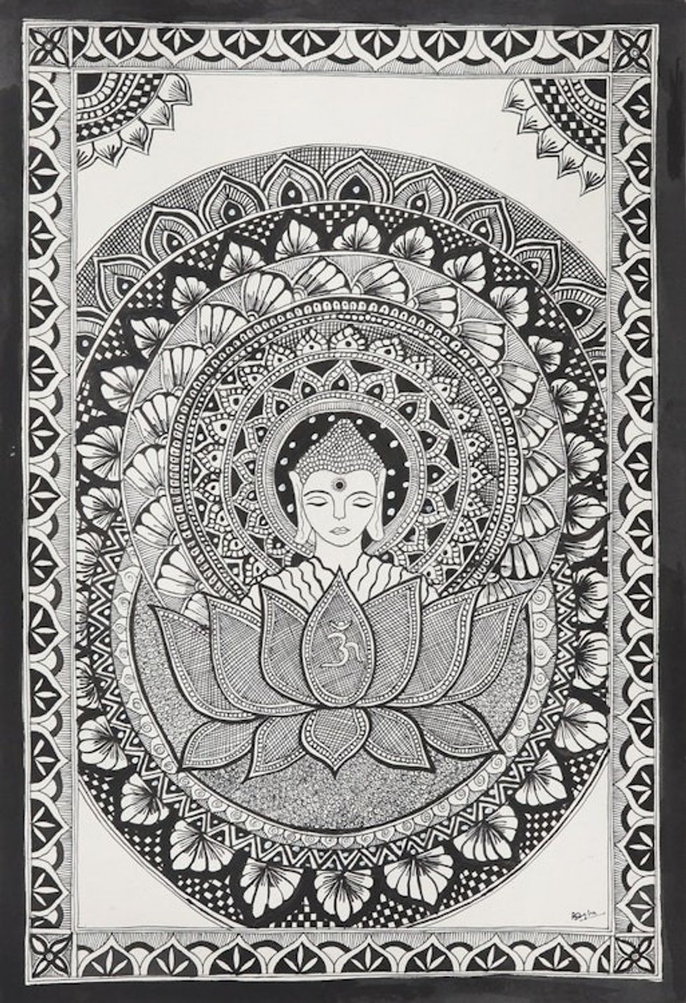 Signed Madhubani Buddha Painting in Black and White 'Serene Buddha'