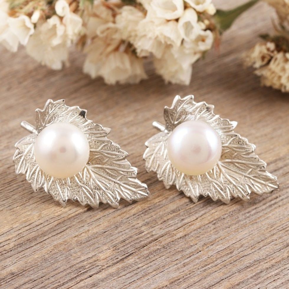 Cultured Pearl and 925 Sterling Silver Leaf Drop Earrings 'Leaf Ecstasy'