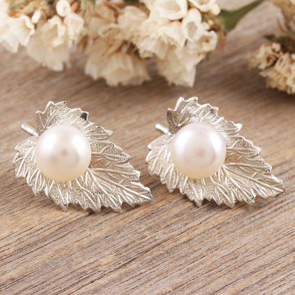 Alternate image for Cultured Pearl and 925 Sterling Silver Leaf Drop Earrings Leaf Ecstasy