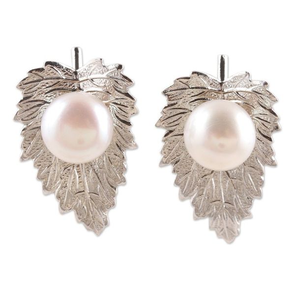 Alternate image for Cultured Pearl and 925 Sterling Silver Leaf Drop Earrings Leaf Ecstasy