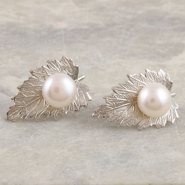 Alternate image for Cultured Pearl and 925 Sterling Silver Leaf Drop Earrings Leaf Ecstasy