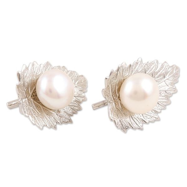 Alternate image for Cultured Pearl and 925 Sterling Silver Leaf Drop Earrings Leaf Ecstasy