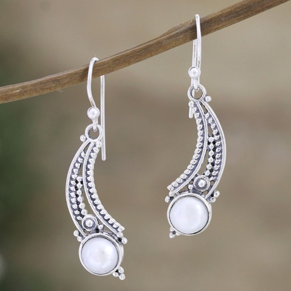 Cultured Pearls Sterling Silver Dangle Earrings from India 'Moon Vines'