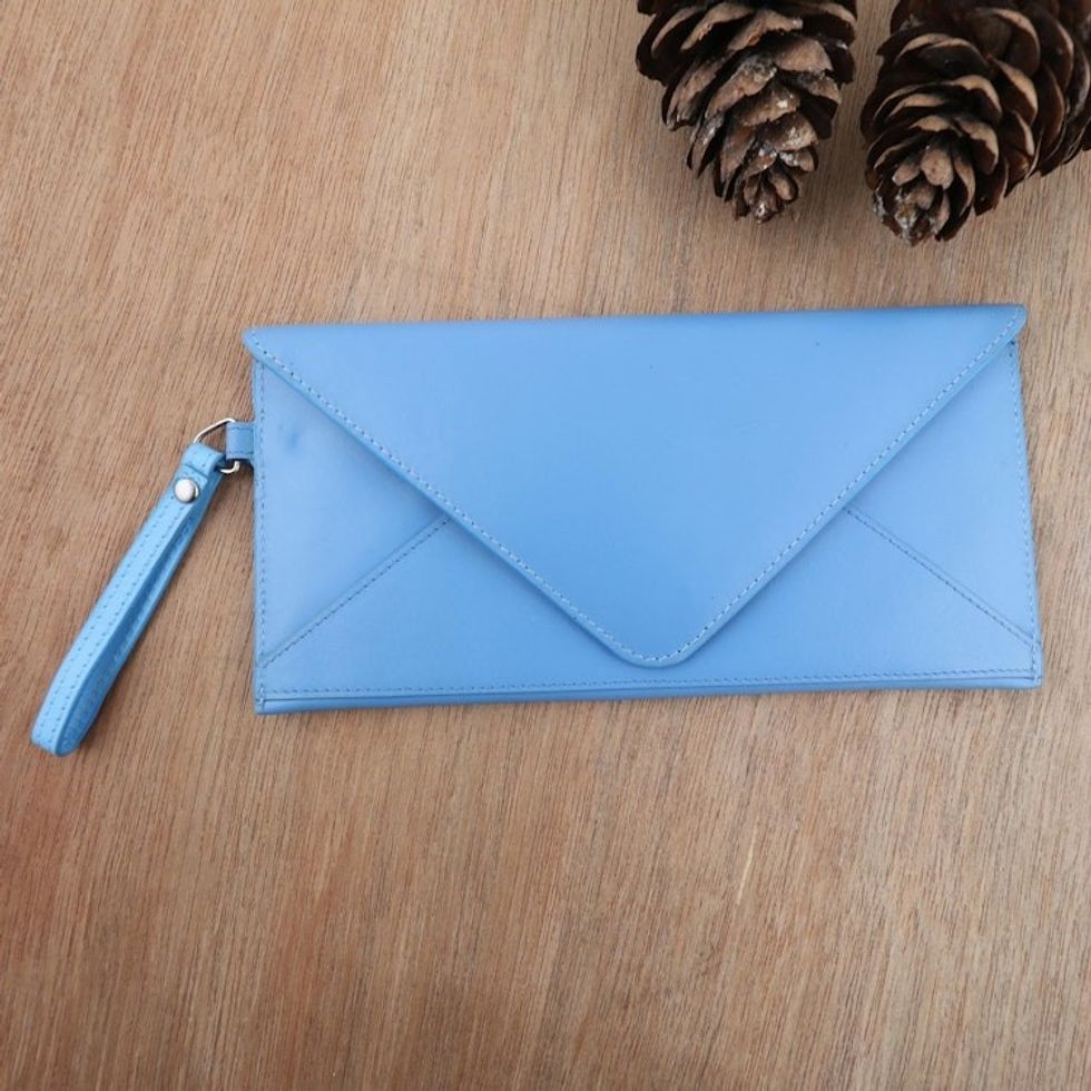 Artisan Crafted Blue Leather Wristlet 'Cotton Candy in Blue'
