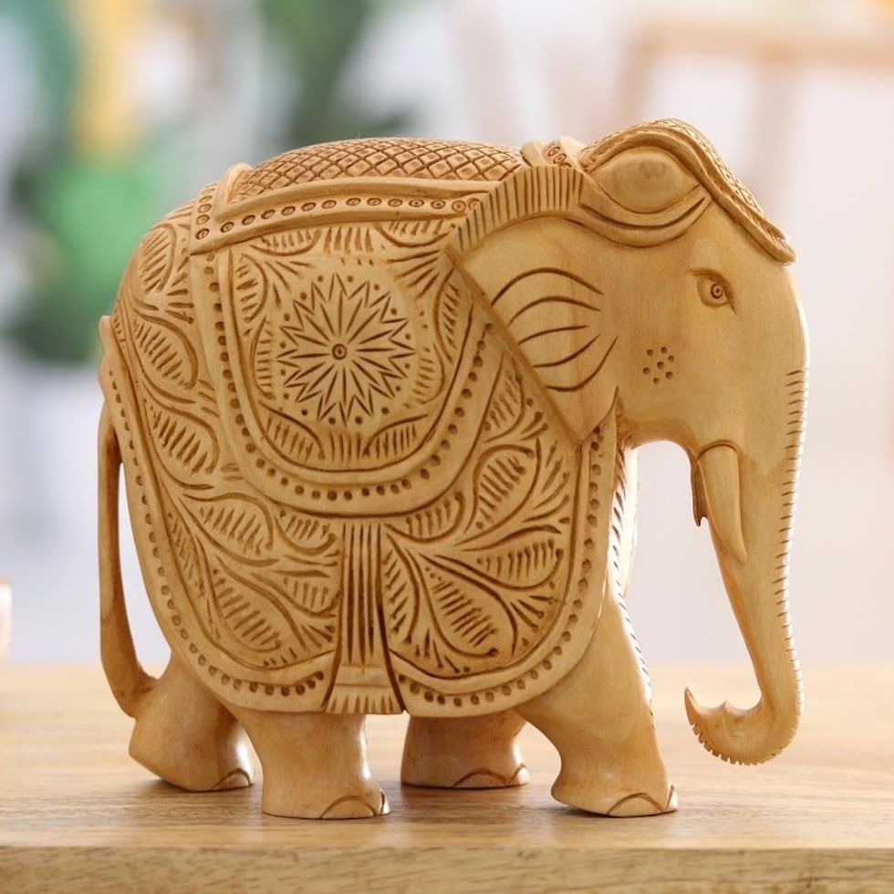 Exquisite Elephant Wood Figurine Carved in India 'Grandiose Elephant'