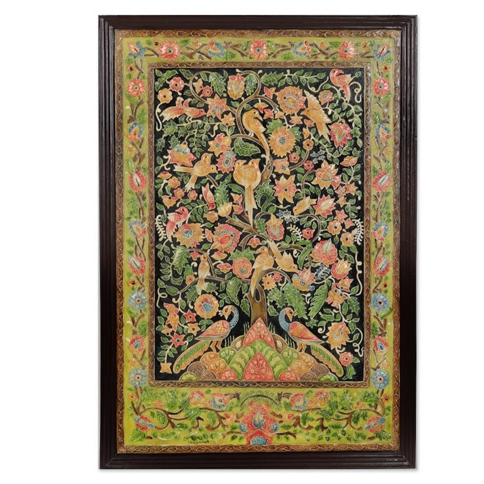 Handmade Hand-painted Relief Marble Wall Art from India 'The Tree of Life'