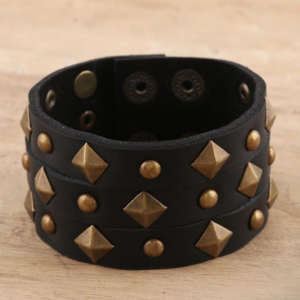 Brass-Studded Leather Cuff Bracelet 'Creative Harmony'