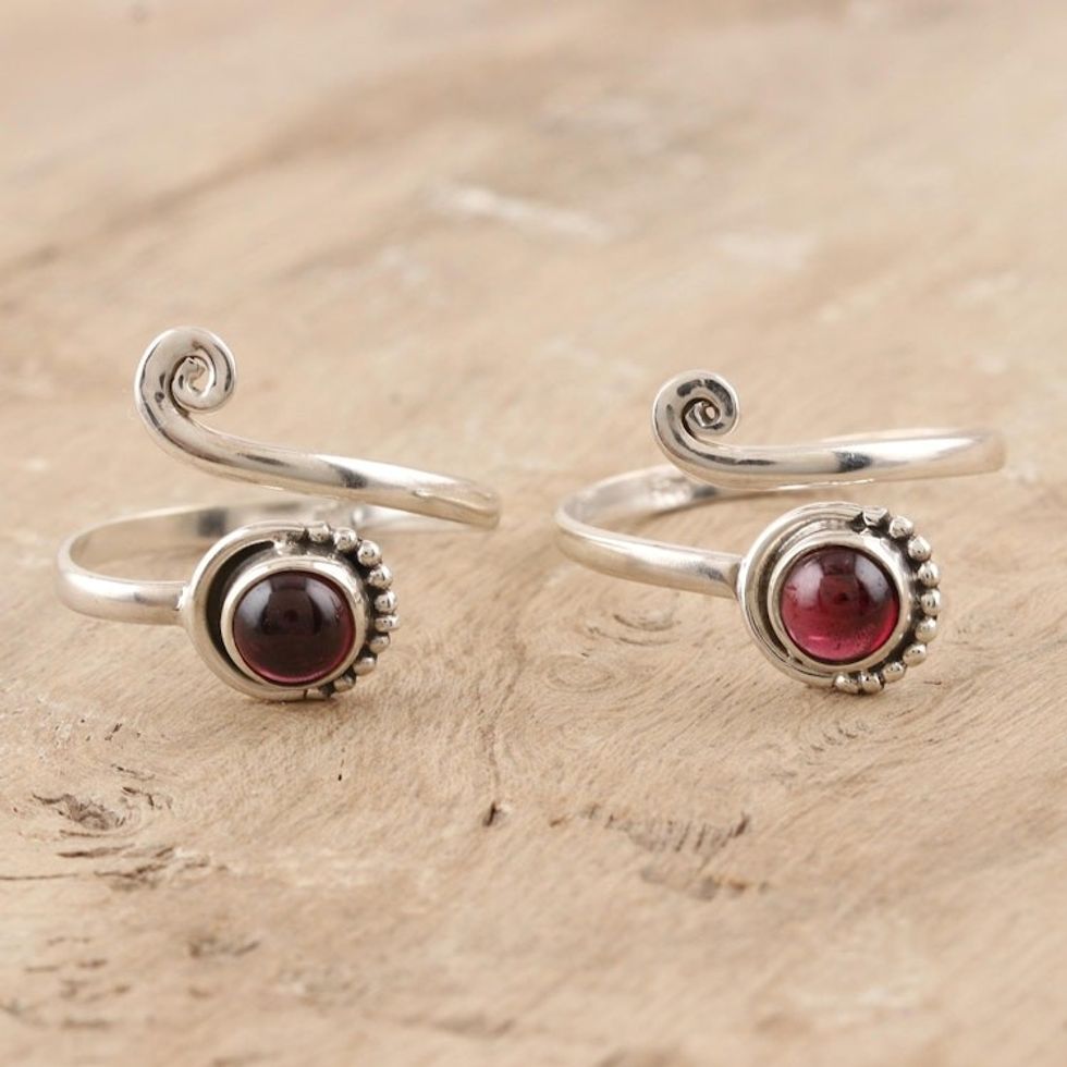 Garnet and Sterling Silver Toe Rings Pair 'Gemstone Spiral in Red'