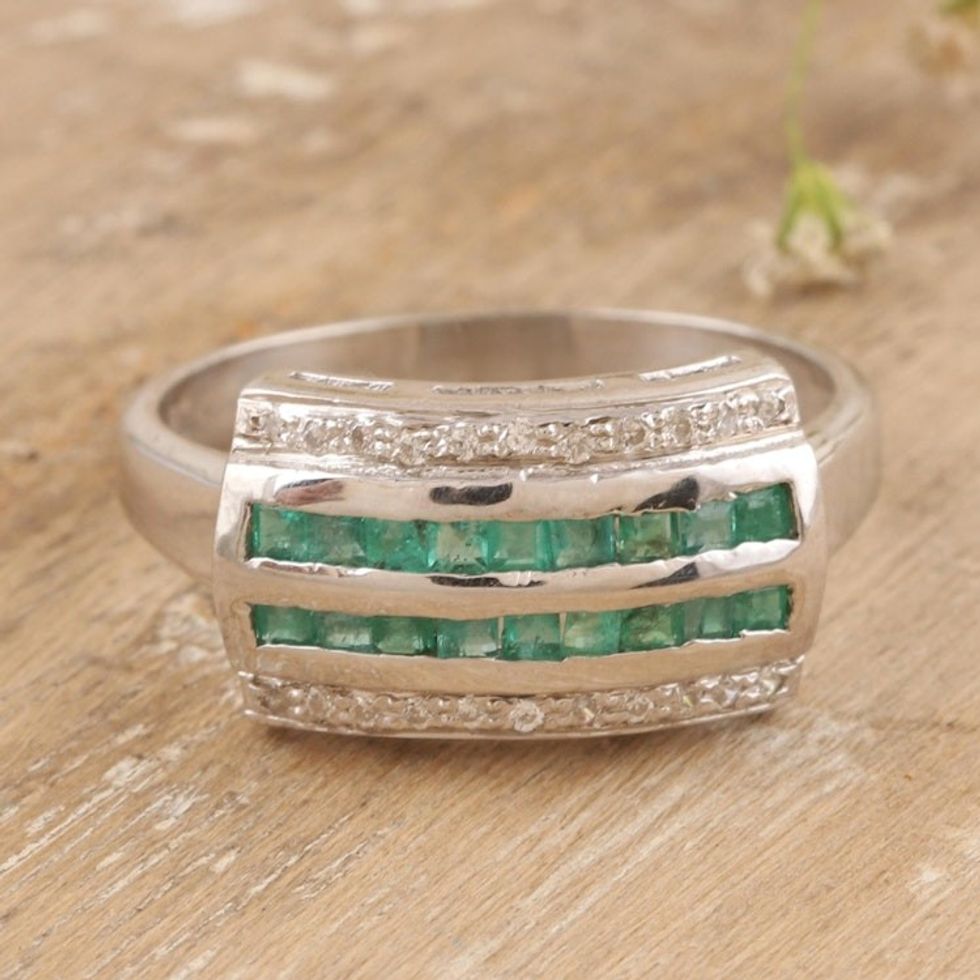 Hand Made Rhodium-Plated Emerald Cocktail Ring 'Mystic Water'