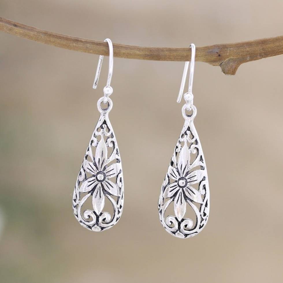 Sterling Silver Dangle Earrings with Floral Motifs 'Blooming Tears'