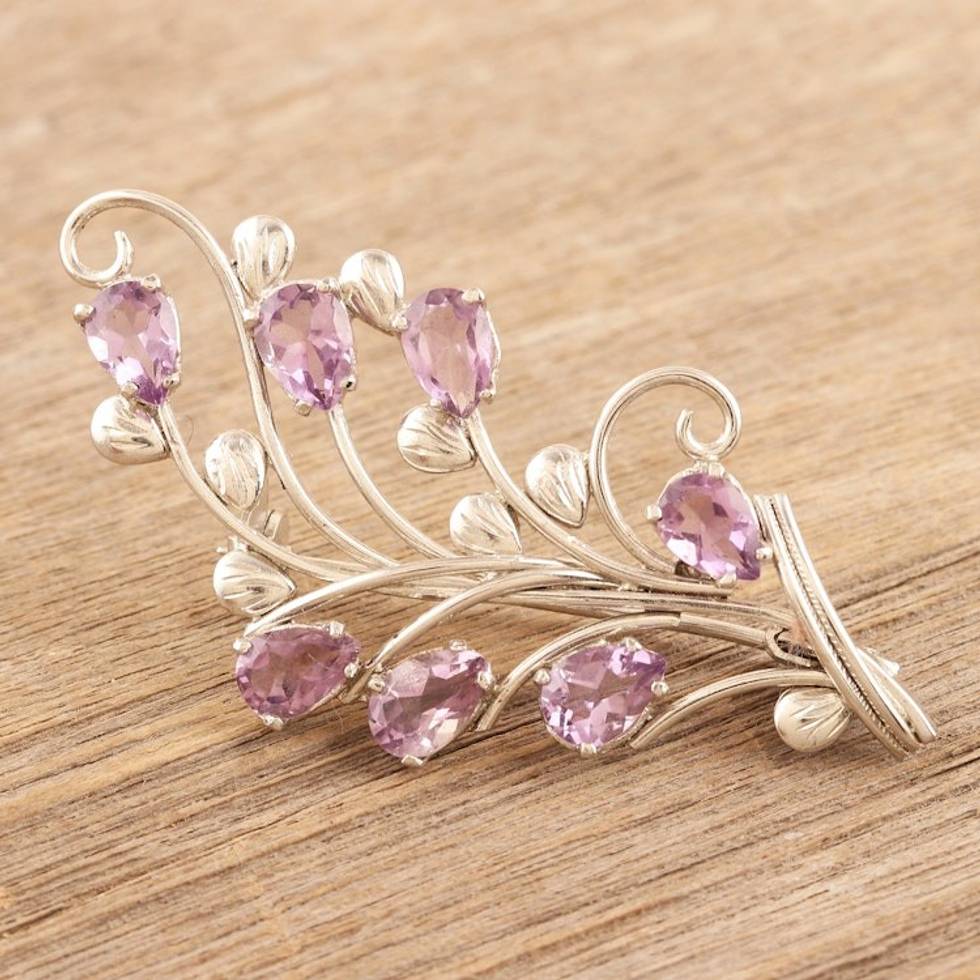 Handmade Rhodium-Plated Amethyst Brooch 'Flowering Lilac'