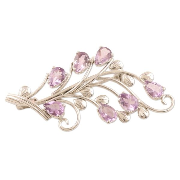 Alternate image for Handmade Rhodium-Plated Amethyst Brooch Flowering Lilac