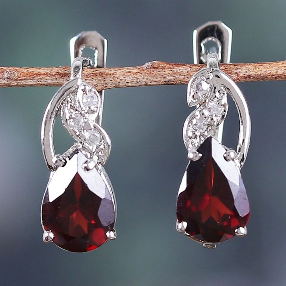 Rhodium-Plated Drop Earrings with Garnet and Cubic Zirconia 'Red Glam'