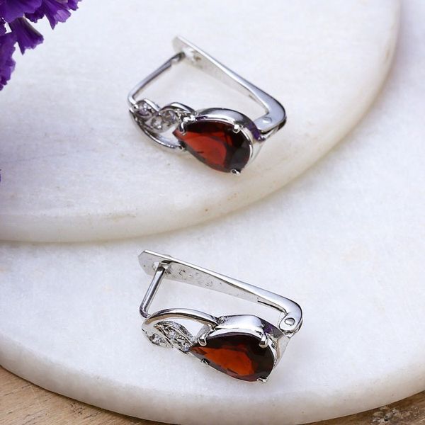 Alternate image for Rhodium-Plated Drop Earrings with Garnet and Cubic Zirconia Red Glam