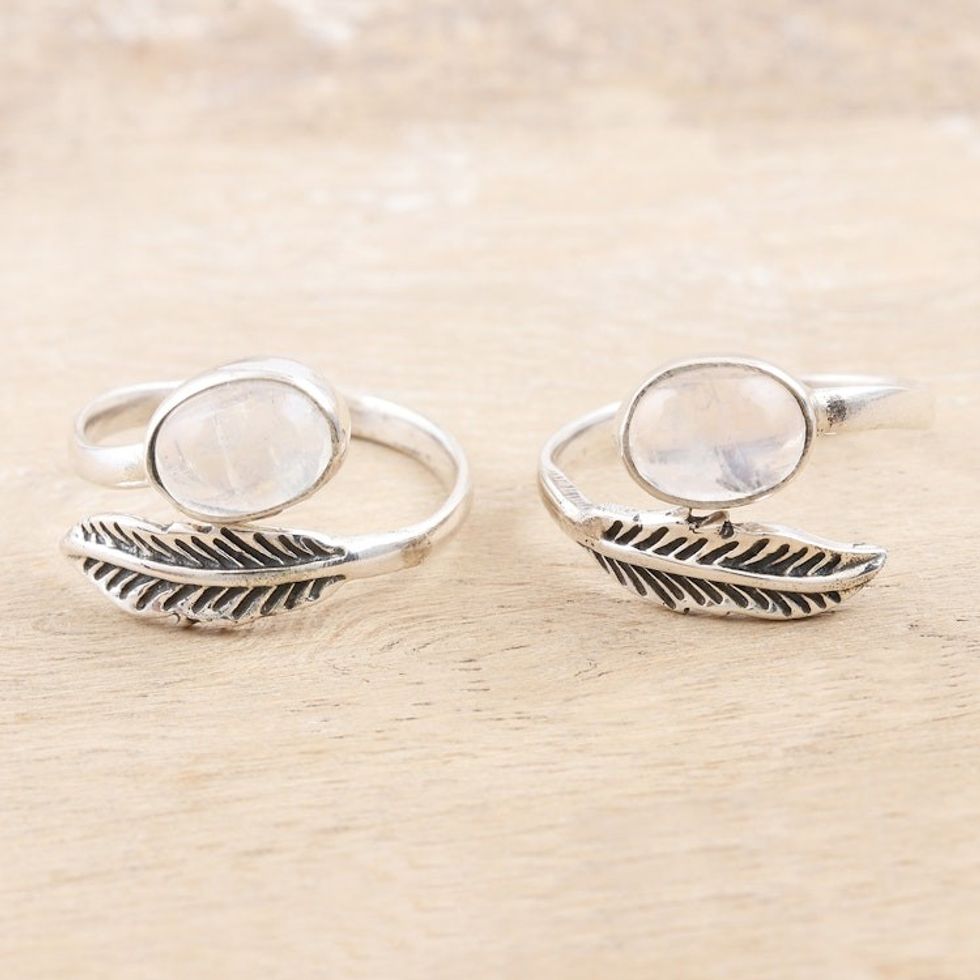 Rainbow Moonstone and Sterling Silver Toe Rings Pair 'Misty Leaf'