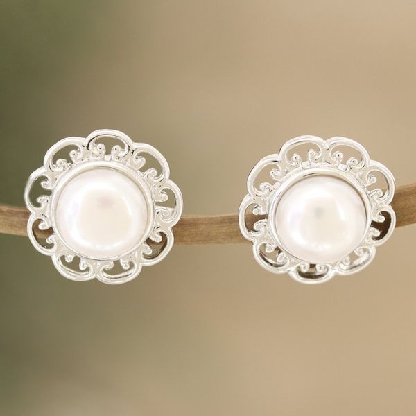 Alternate image for Floral Cultured Pearl and Sterling Silver Button Earrings Blossom in White