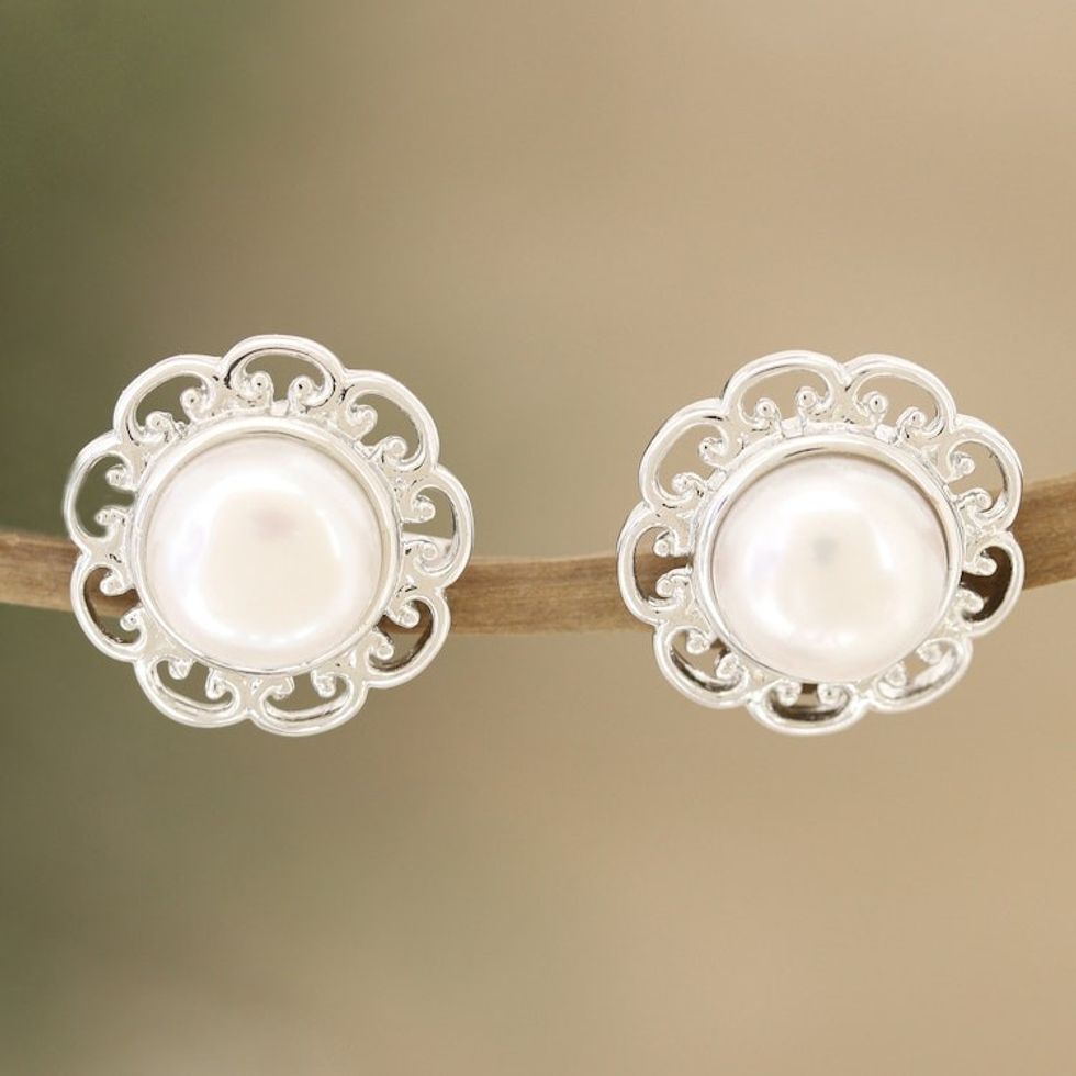 Floral Cultured Pearl and Sterling Silver Button Earrings 'Blossom in White'