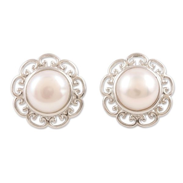 Alternate image for Floral Cultured Pearl and Sterling Silver Button Earrings Blossom in White