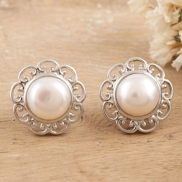 Alternate image for Floral Cultured Pearl and Sterling Silver Button Earrings Blossom in White