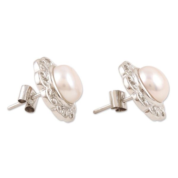 Alternate image for Floral Cultured Pearl and Sterling Silver Button Earrings Blossom in White