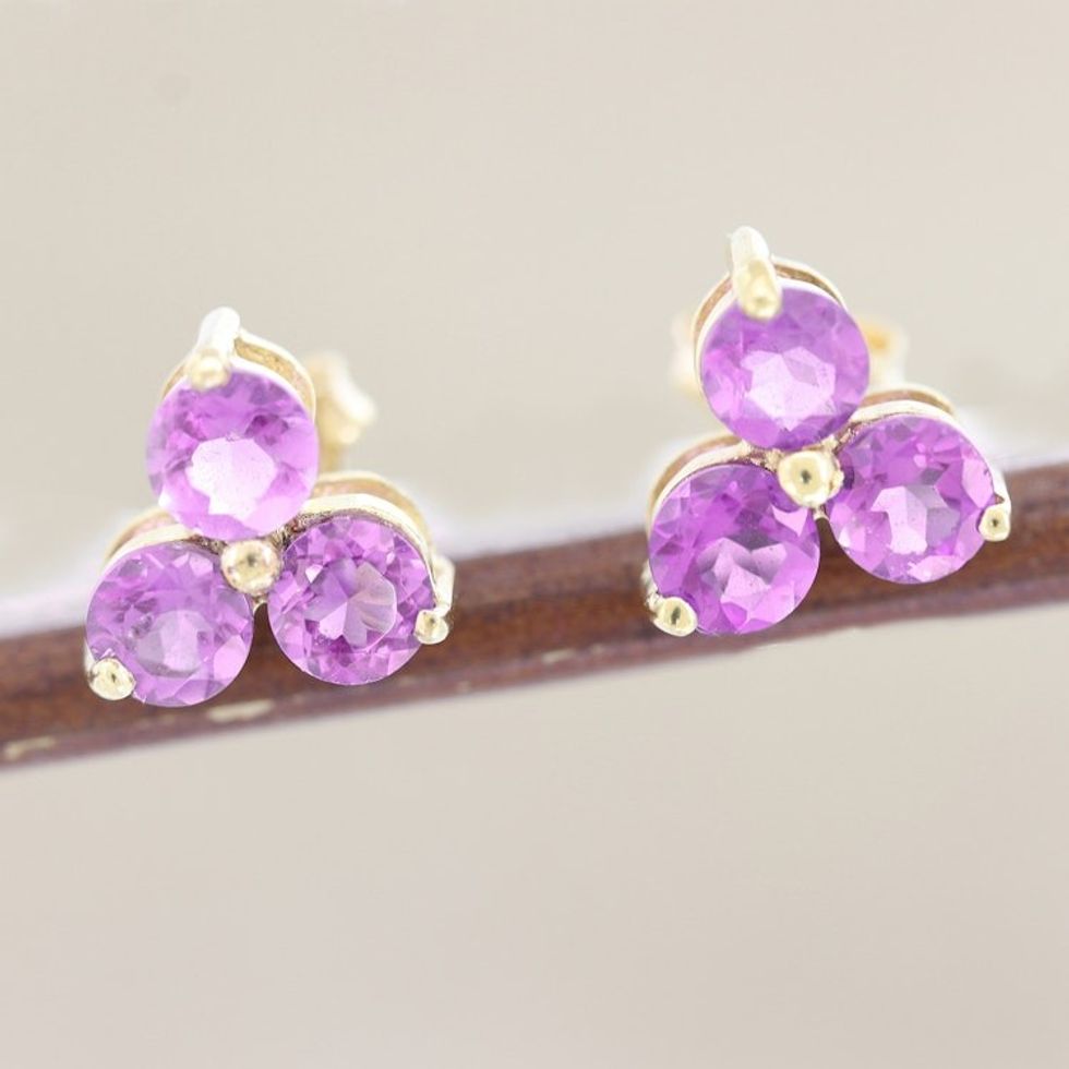 Gold-Accented Sterling Silver Amethyst Stud Earrings 'Regal Trio'
