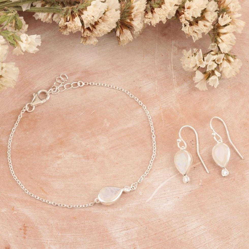 Rainbow Moonstone and Cubic Zirconia Jewelry Set 'Minor Moon'