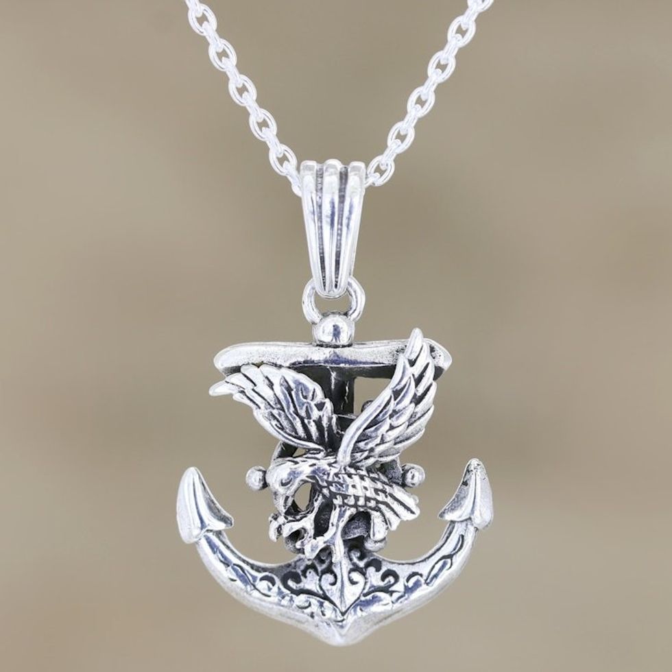 Sterling Silver Eagle and Anchor Pendant Necklace 'Swift Eagle'