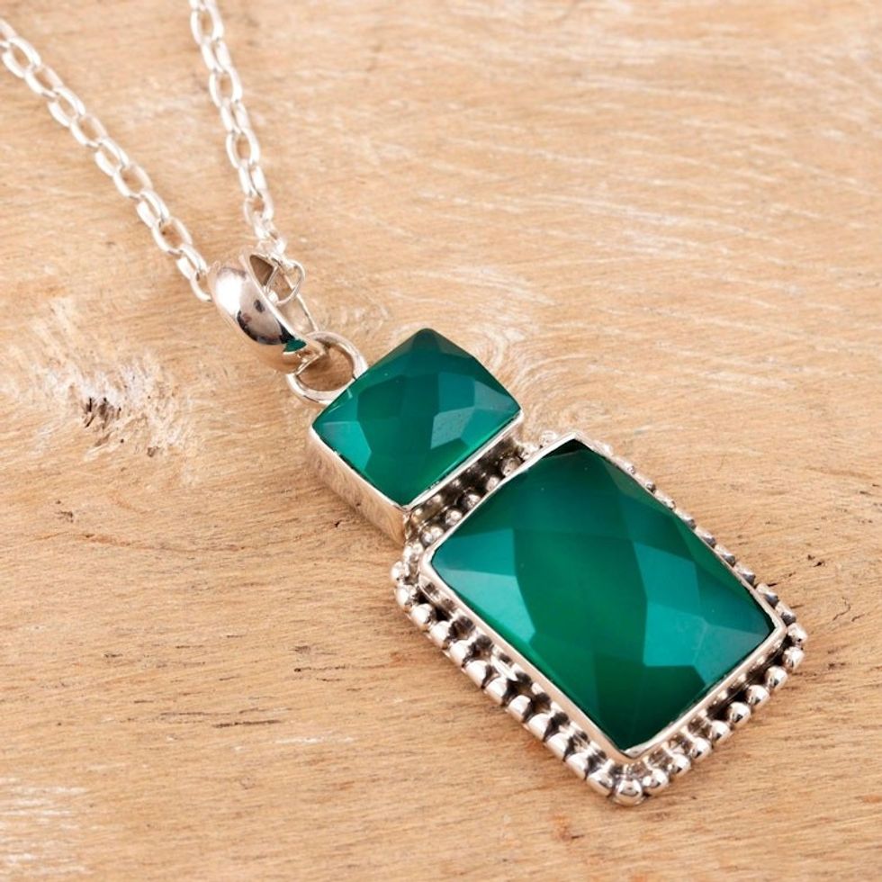 Green Onyx and Sterling Silver Pendant Necklace 'Day Party in Green'