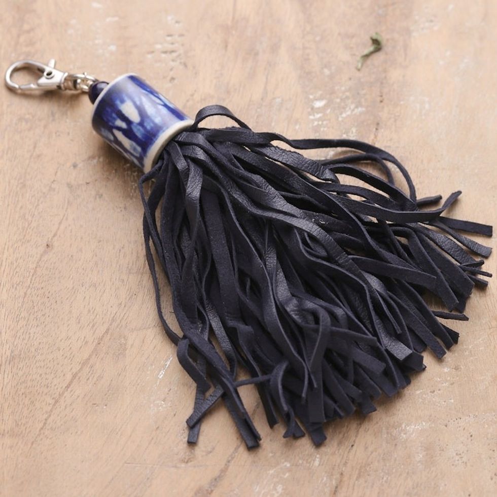 Handcrafted Black Leather and Blue Ceramic Keychain 'Fringed Drum'
