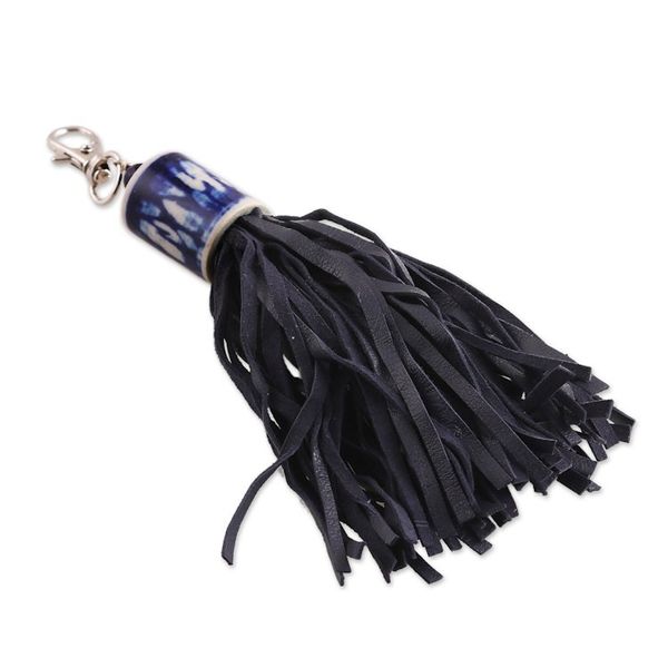 Alternate image for Handcrafted Black Leather and Blue Ceramic Keychain Fringed Drum