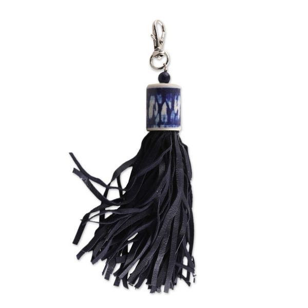 Alternate image for Handcrafted Black Leather and Blue Ceramic Keychain Fringed Drum