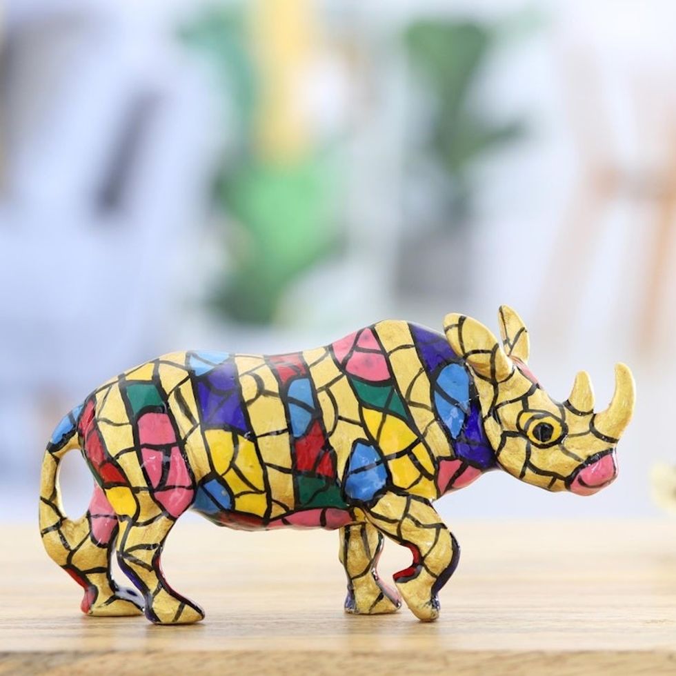 Multicolored Rhino Aluminum Figurine Hand-painted in India 'Charming Rhino'