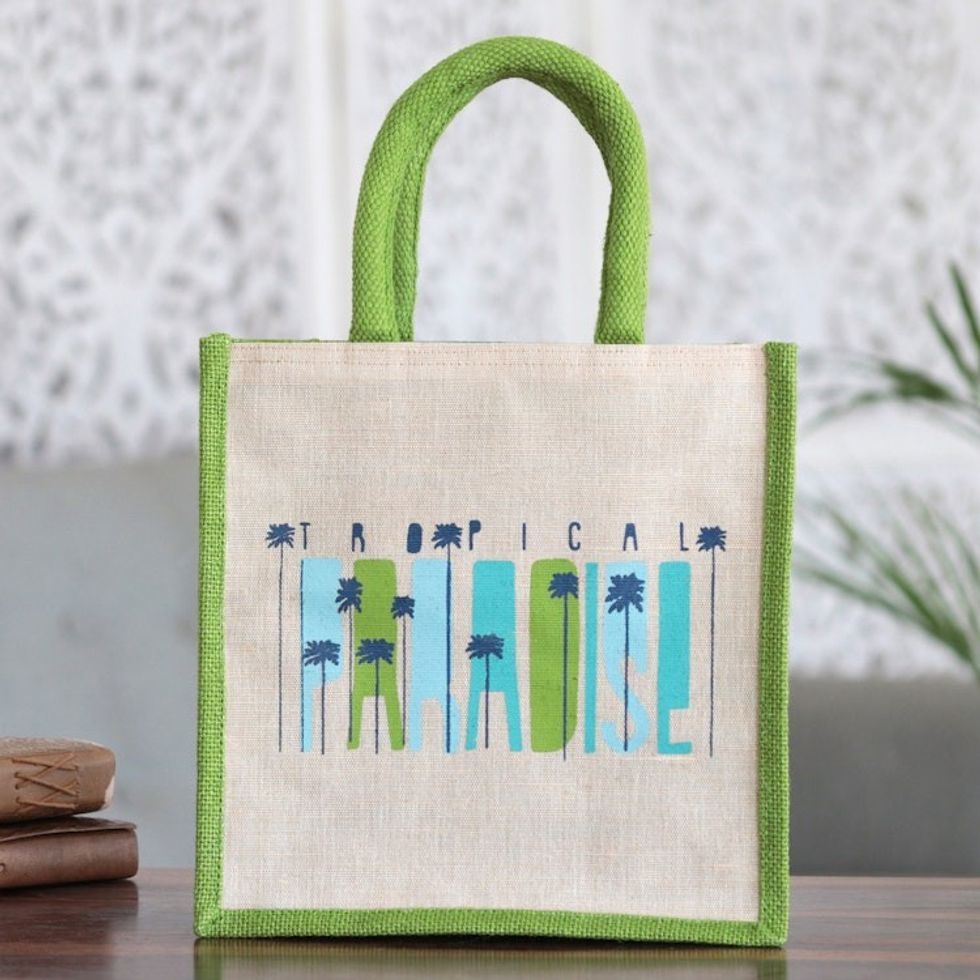Jute and Cotton Blend Tote Bag Hand Crafted in India 'A Tropical Paradise'