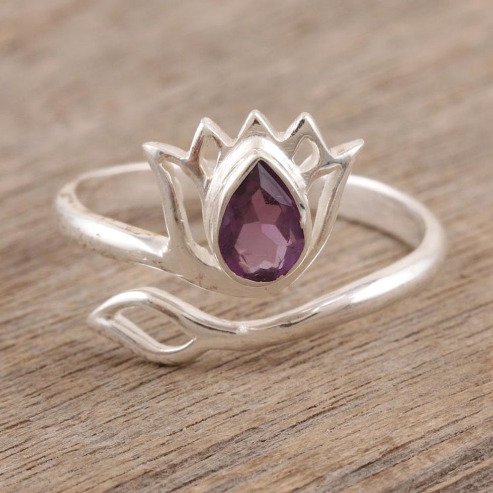 Amethyst and Sterling Silver Lotus Wrap Ring from India 'Lilac Lotus'