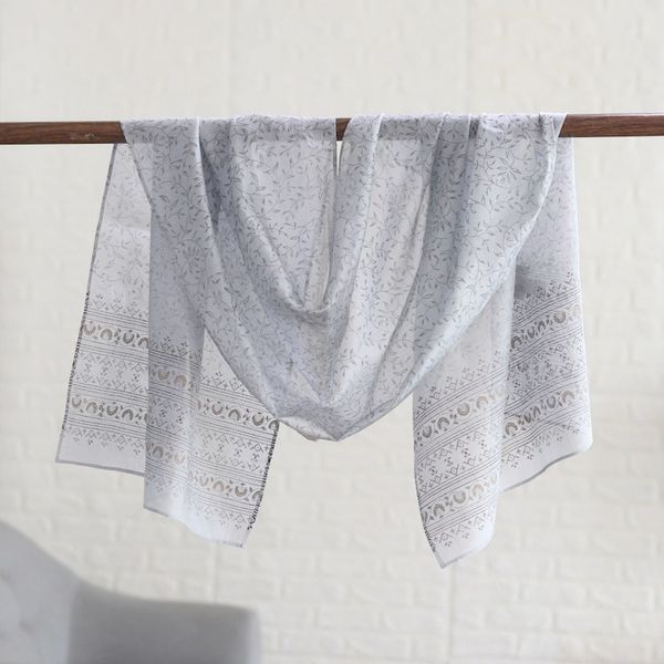 Alternate image for Handloomed Cotton Blend Ash Shawl with Printed Leafy Details Ash Elegance