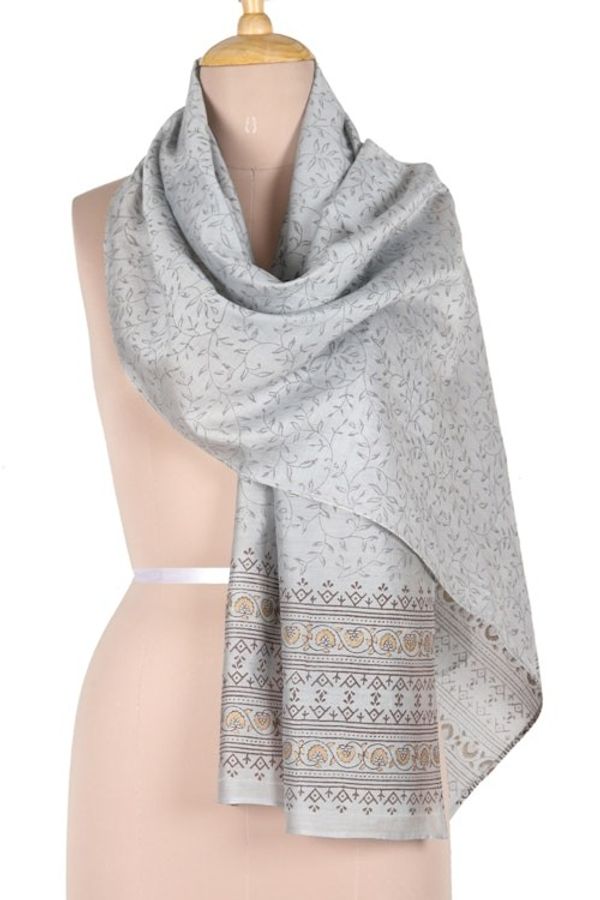 Alternate image for Handloomed Cotton Blend Ash Shawl with Printed Leafy Details Ash Elegance