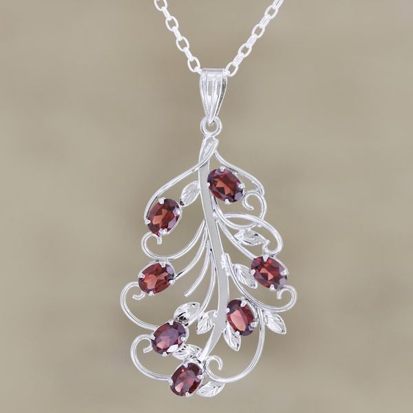 Alternate image for Rhodium-Plated Sterling Silver Garnet Pendant Necklace Dancing Bouquet