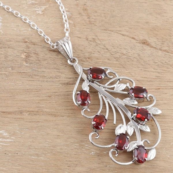 Alternate image for Rhodium-Plated Sterling Silver Garnet Pendant Necklace Dancing Bouquet