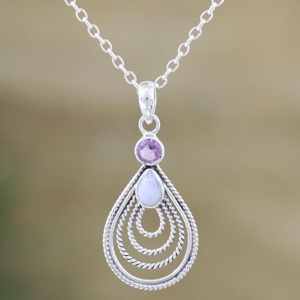 Alternate image for Handmade Amethyst and Rainbow Moonstone Pendant Necklace Radiate in Purple