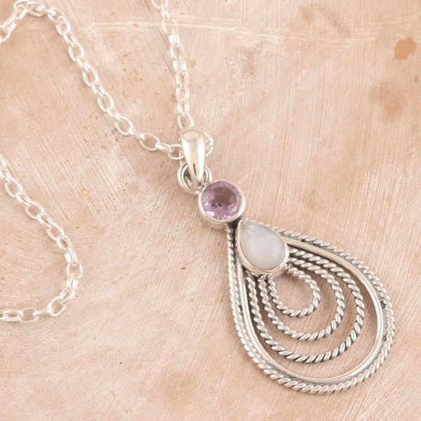 Alternate image for Handmade Amethyst and Rainbow Moonstone Pendant Necklace Radiate in Purple
