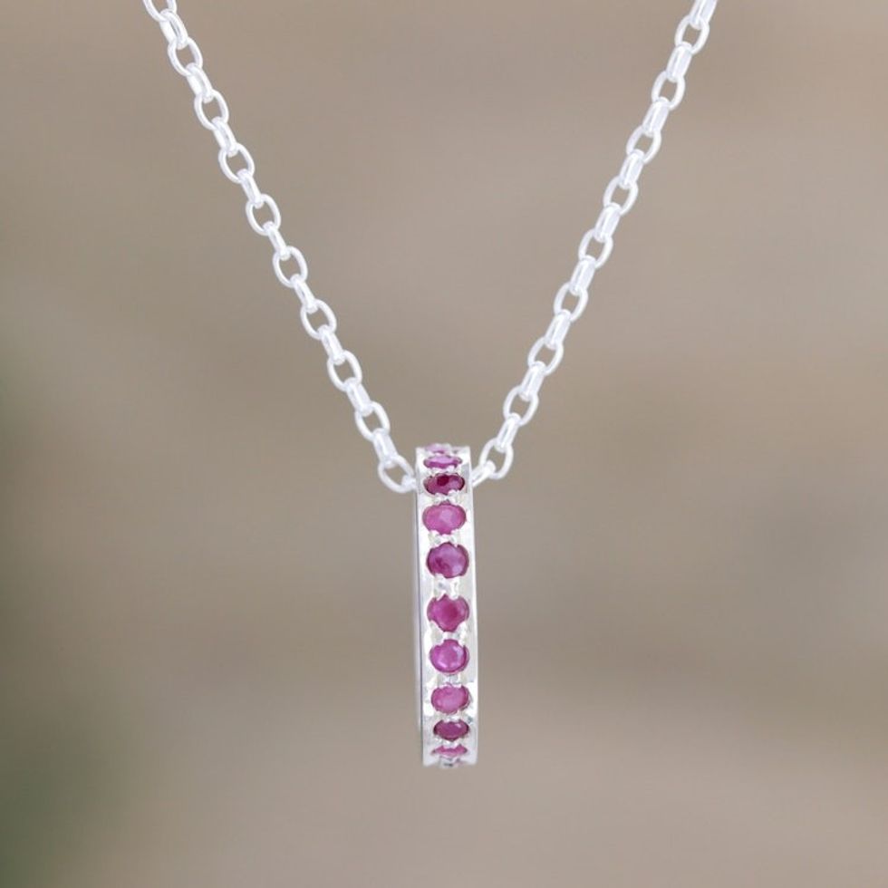 Artisan Crafted Ruby Rhodium Plated Silver Necklace 'Circle of Love'