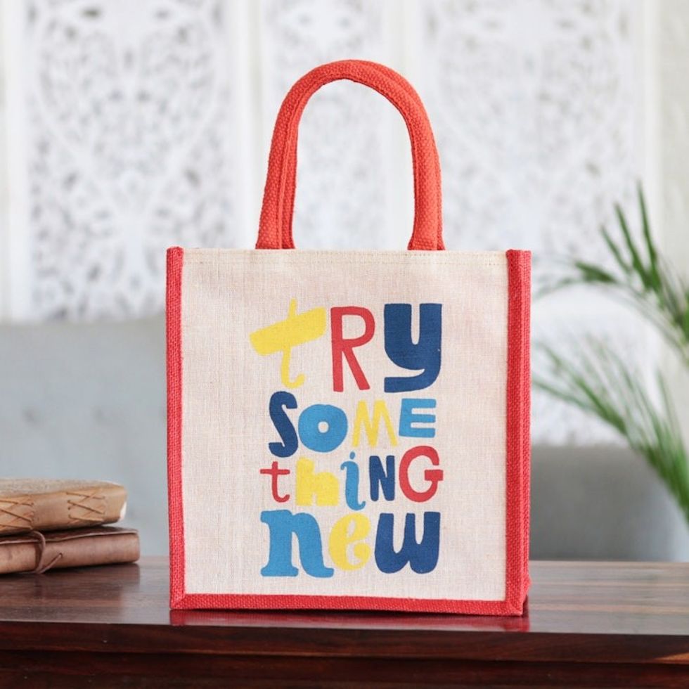 Jute and Cotton Blend Tote Bag Hand Crafted in India 'Try Something New'