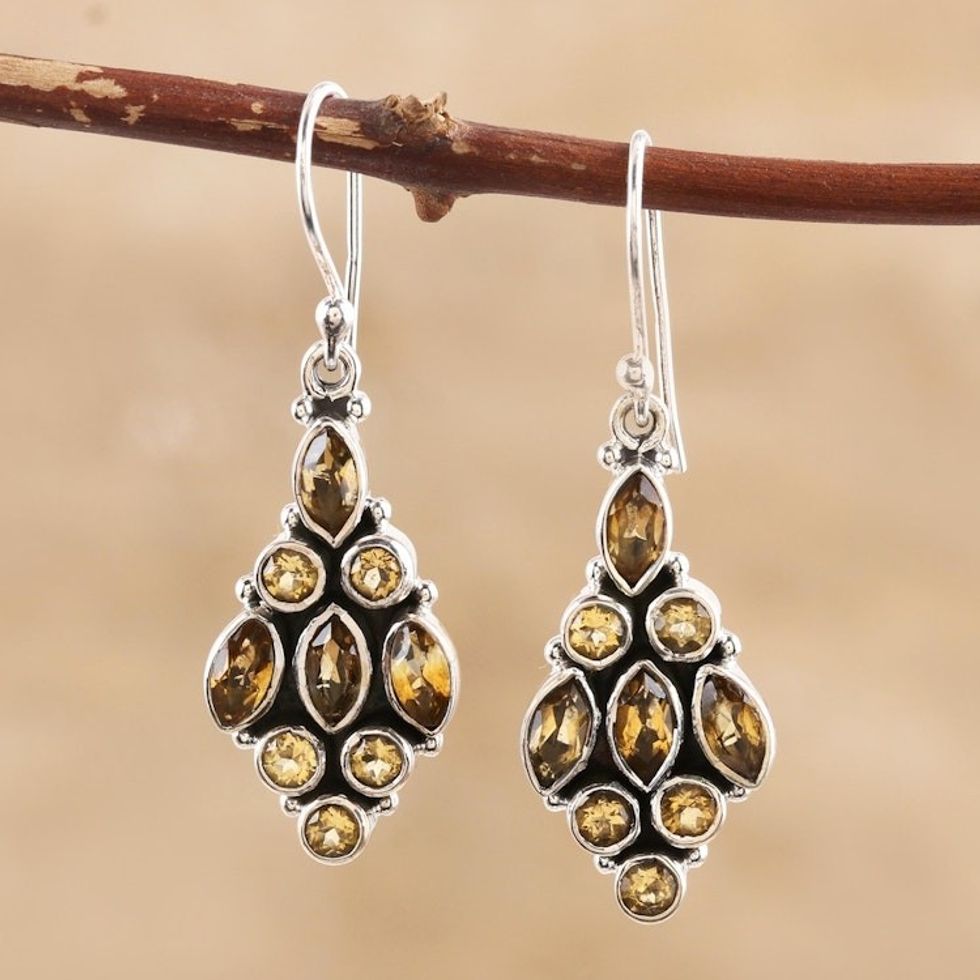 Handmade Sterling Silver and Citrine Dangle Earrings 'Golden Tower'