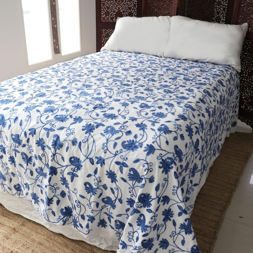 Chain-Stitched Cotton Floral-Motif Duvet FullQueen 'Valley of Blue Blossoms'