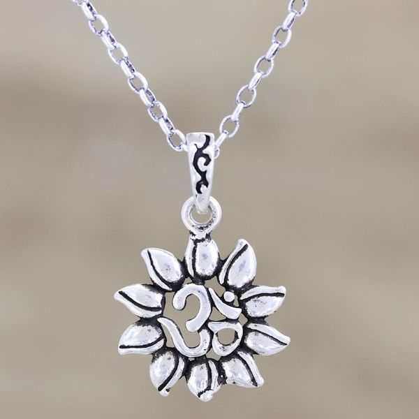 Alternate image for Sterling Silver Lotus and Om Pendant Necklace Lotus Om