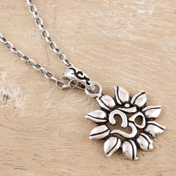 Alternate image for Sterling Silver Lotus and Om Pendant Necklace Lotus Om