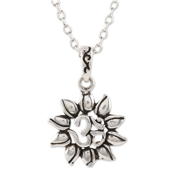 Alternate image for Sterling Silver Lotus and Om Pendant Necklace Lotus Om