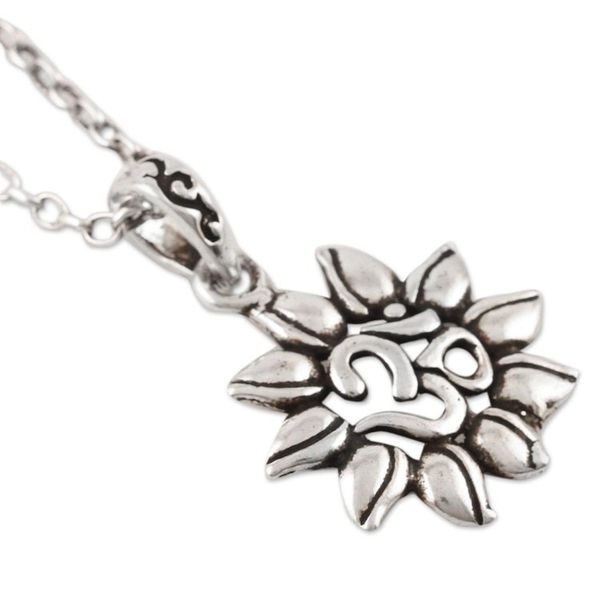Alternate image for Sterling Silver Lotus and Om Pendant Necklace Lotus Om